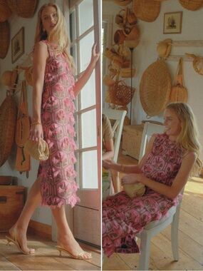 La DoubleJ Grove Kaki Pink Column Dress Midi Sleeveless Printed Luxury Dress XS